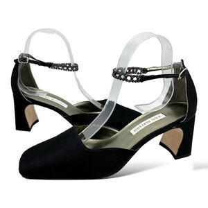 Ann Marino Black Beaded Bracelet Ankle Strap Satin Evening Heels Shoes Sz 9M